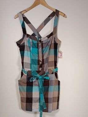 OP Drop Tie Waist Dress Teal/Brown/Gray Plaid Sleeveless Sundress Size XL